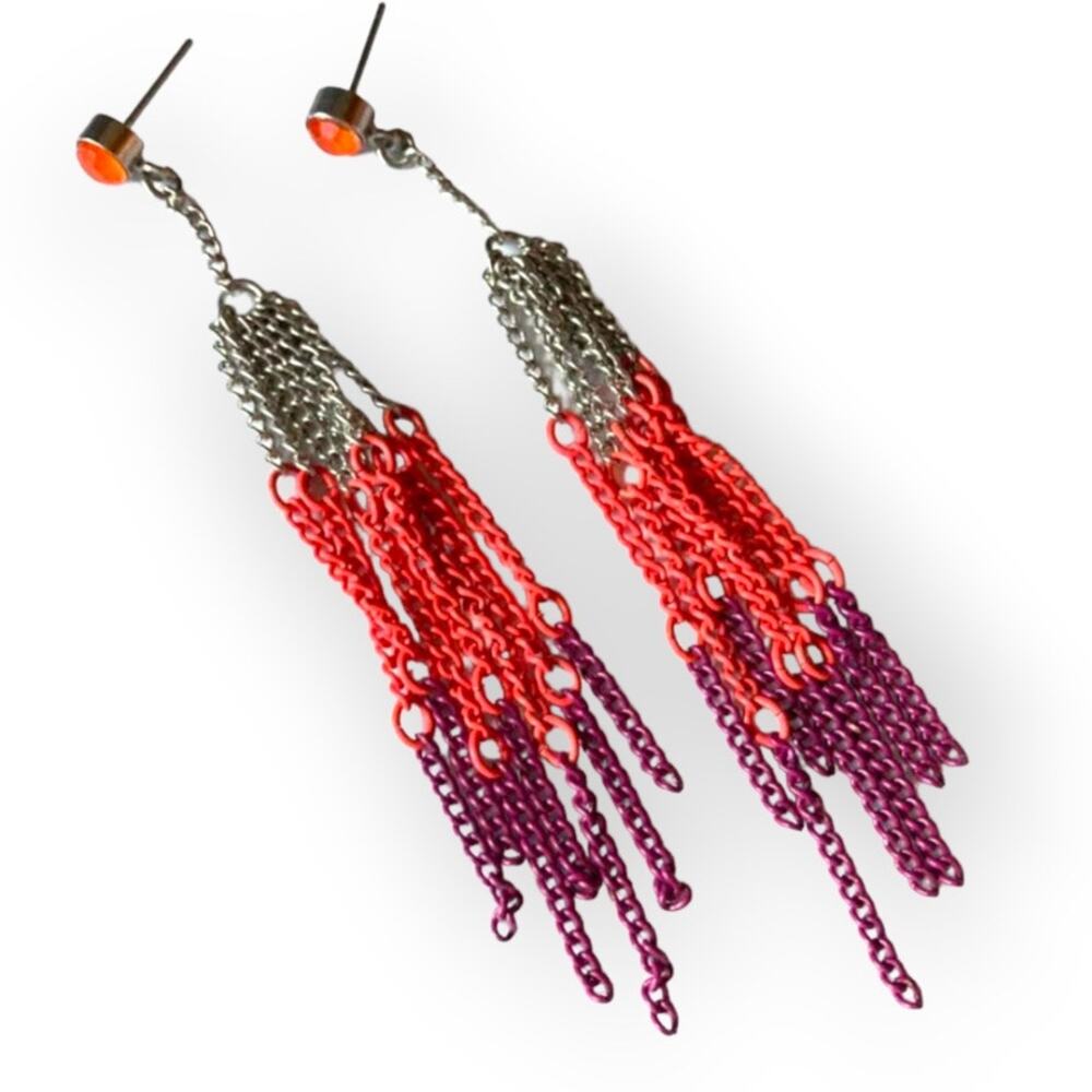 BOGO Tri-tone magenta/salmon/silver chain fringe post earrings